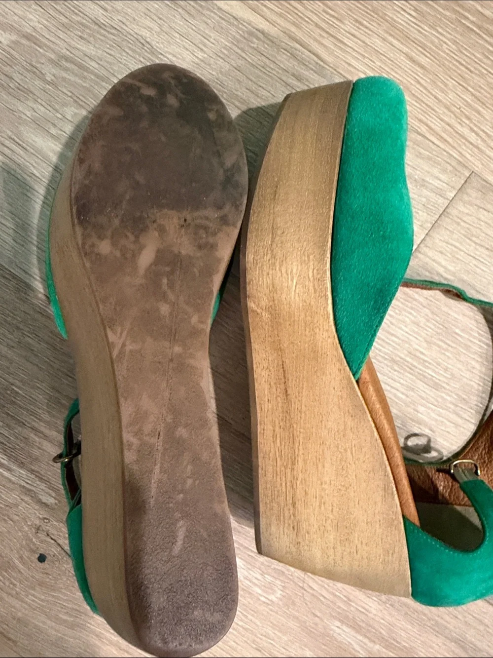 Madewell Teal Suede Wood Wedge Sandals